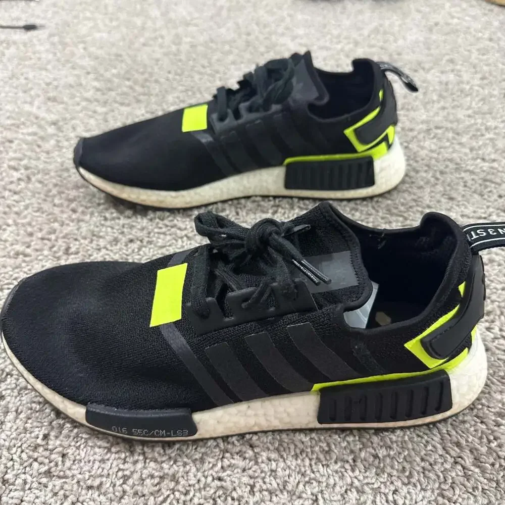 Adidas NMD R1 Boost Black Solar‎ Yellow Mens Size 12 Running Shoes Sneakers EUC